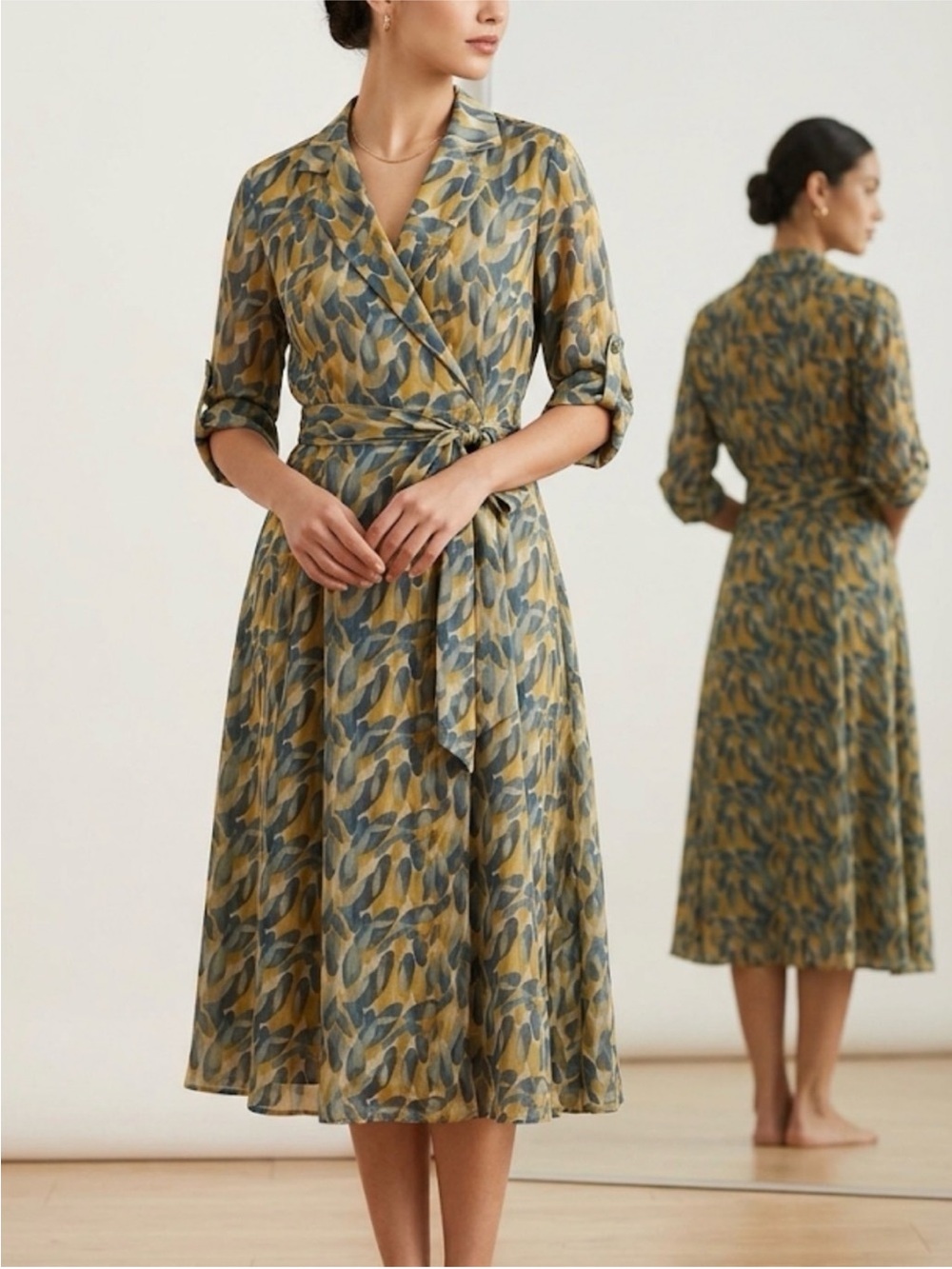 Jones New York Collection Women’s Sz 8 100% Silk Leaf Print Wrap Midi Dress Fall